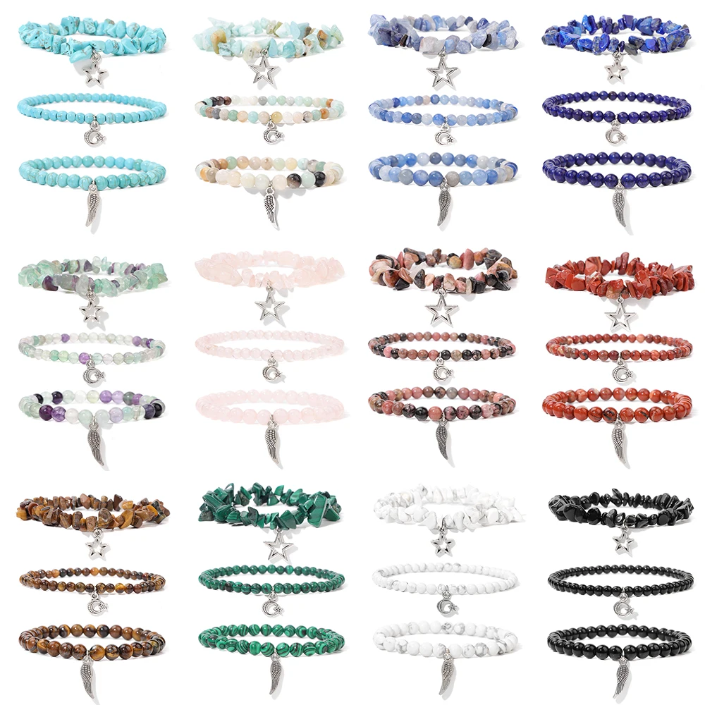 

3pcs/set Natural Stone Beads Bracelets For Women Men Star Moon Angel Wings Charm Bracelet Set Healing Reiki Fashion Jewelry