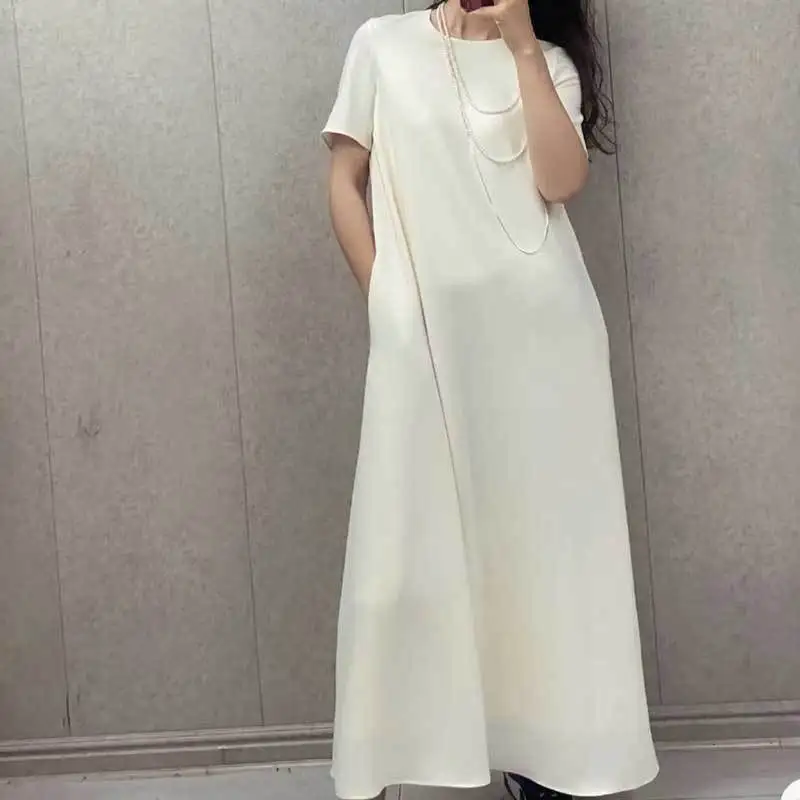 

23High Quality New Solid Acetic Acid Dress Fashion Runway Simple Round Neck Short Sleeve Loose Slim Dresses Women Clothes 2Color