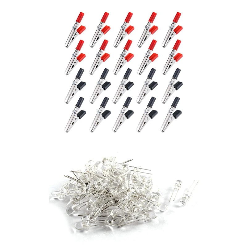 90 Pcs Accessories: 20 Pcs 45 Mm Plastic Handle Metal Alligator Clips & 70 Pcs LED Bright Light Lamp Emitting Diode