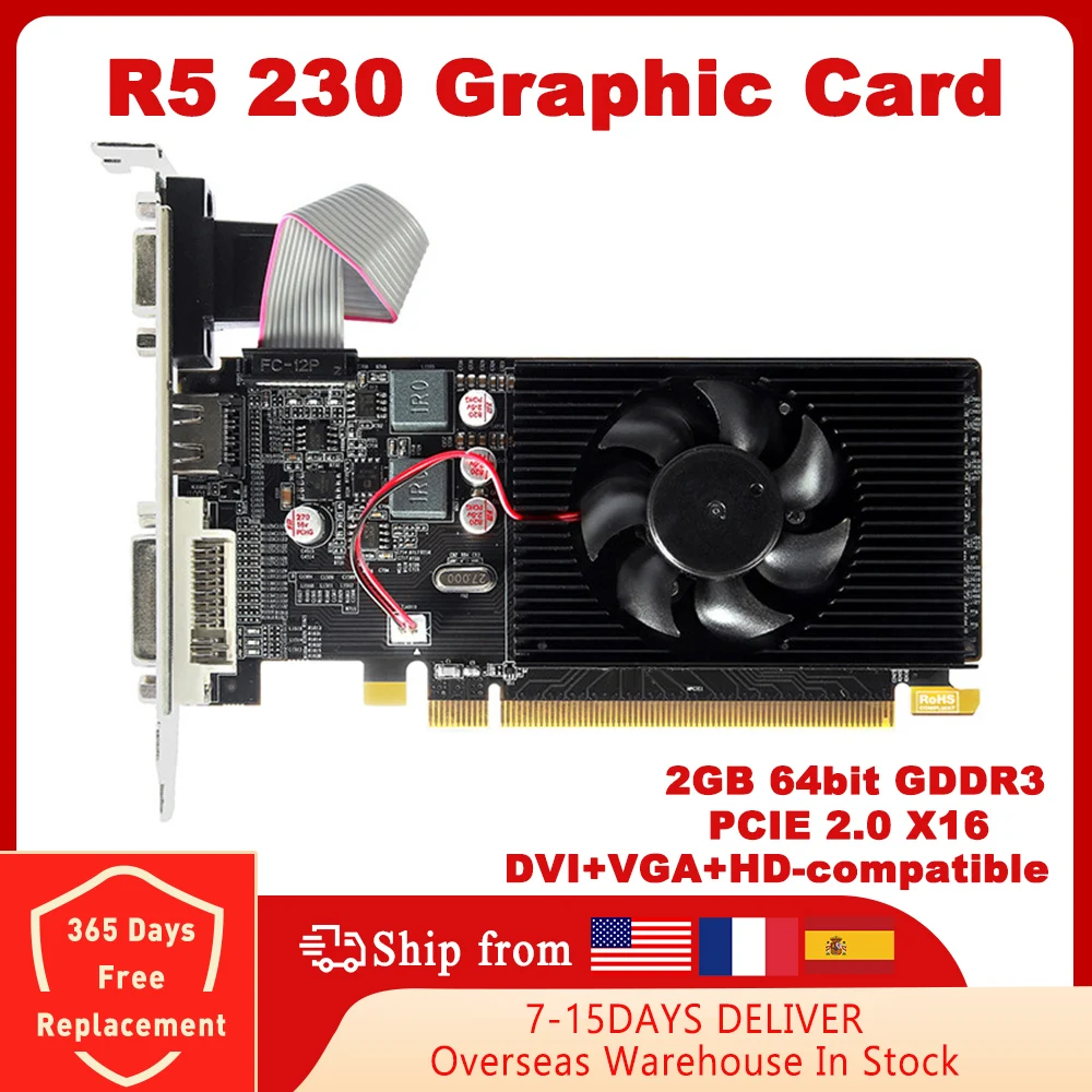 

R5 230 Graphics Card PCIE PCI-E X16 2.0 2GB GDDR3 64 Bit HD-compatible VGA DVI-I Video Cards for AMD Radeon R5 230 2G 64Bit