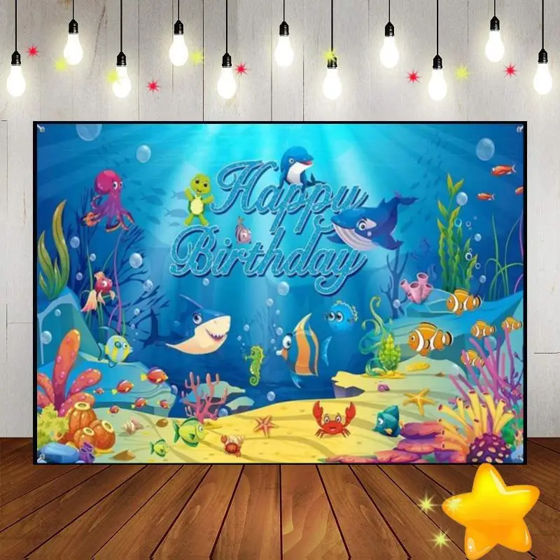 

Great White Shark Coral Reef Under The Sea Background Photo Decoration Custom Birthday Backdrop Party Baby Shower Banner Studio