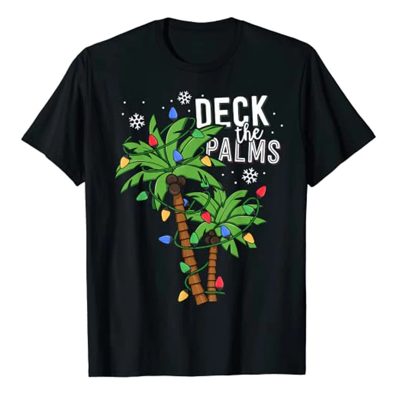 

Deck The Palms Tropical Hawaii Christmas Palm Tree Lights T-Shirt Aesthetic Clothes Graphic Tee Tops Xmas Gift Family Matching