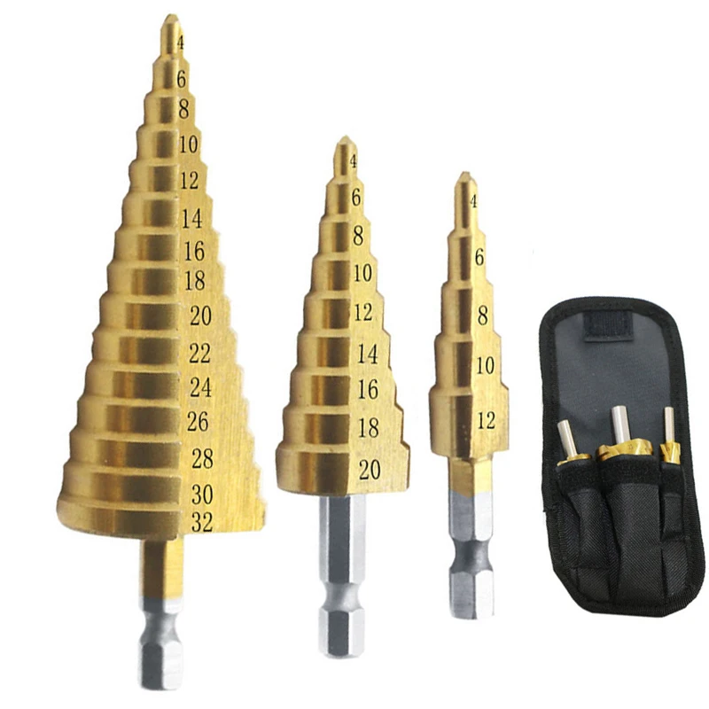 

Step Drill Bit Set Hex Shank Quick Change High Speed Steel Titanium Coated Drill Bits for Plastic Wood Sheet Metal Hole Driling