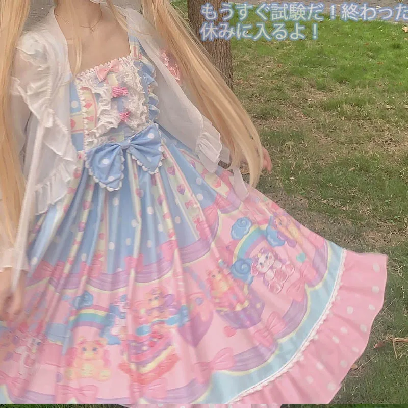 

Платье Jsk в японском стиле "Лолита", винтажные вечерние платья принцессы без рукавов с милым бантом, платья в стиле Харадзюку с принтом в виде...