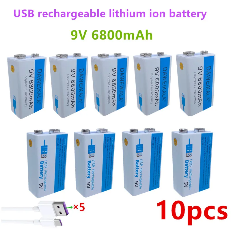 

10pcs/Lot 9V USB rechargeable Li-Ion battery 9V 6800mAh is suitable for camera and other series of electronic products+USB line