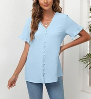 womens blouse 2022 spring and summer new womens casual ruffled shirts short sleeved v neck button up tops european and america