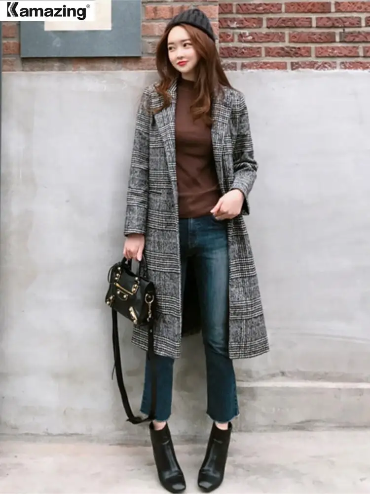 

Spring Autumn Women's Plaid Coat New Fashion Long Slim Type Female Winter Wool Jackets Outwear