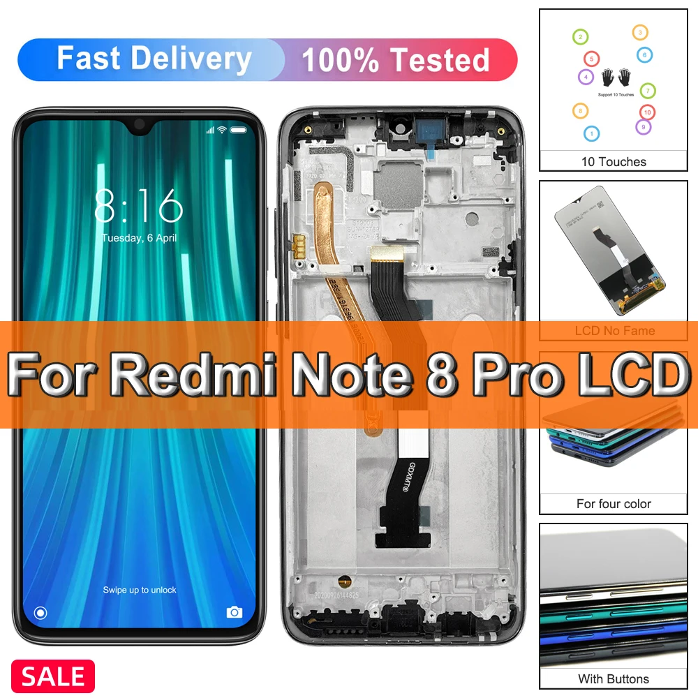 Сенсорный ЖК-дисплей 6,53 дюйма для Xiaomi Redmi Note 8 Pro, сменный ЖК-дисплей для Redmi Note8Pro M1906G7I с рамкой, оригинал