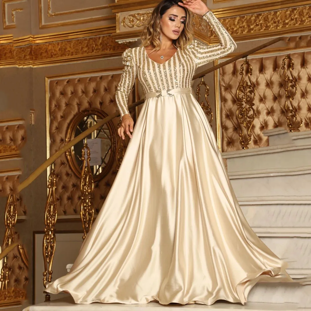 New Fashion Women Lady Sexy Deep V-neck Sequin Long SleeveFloor Length Bling Big Hem Party Wedding Evening Maxi Dress