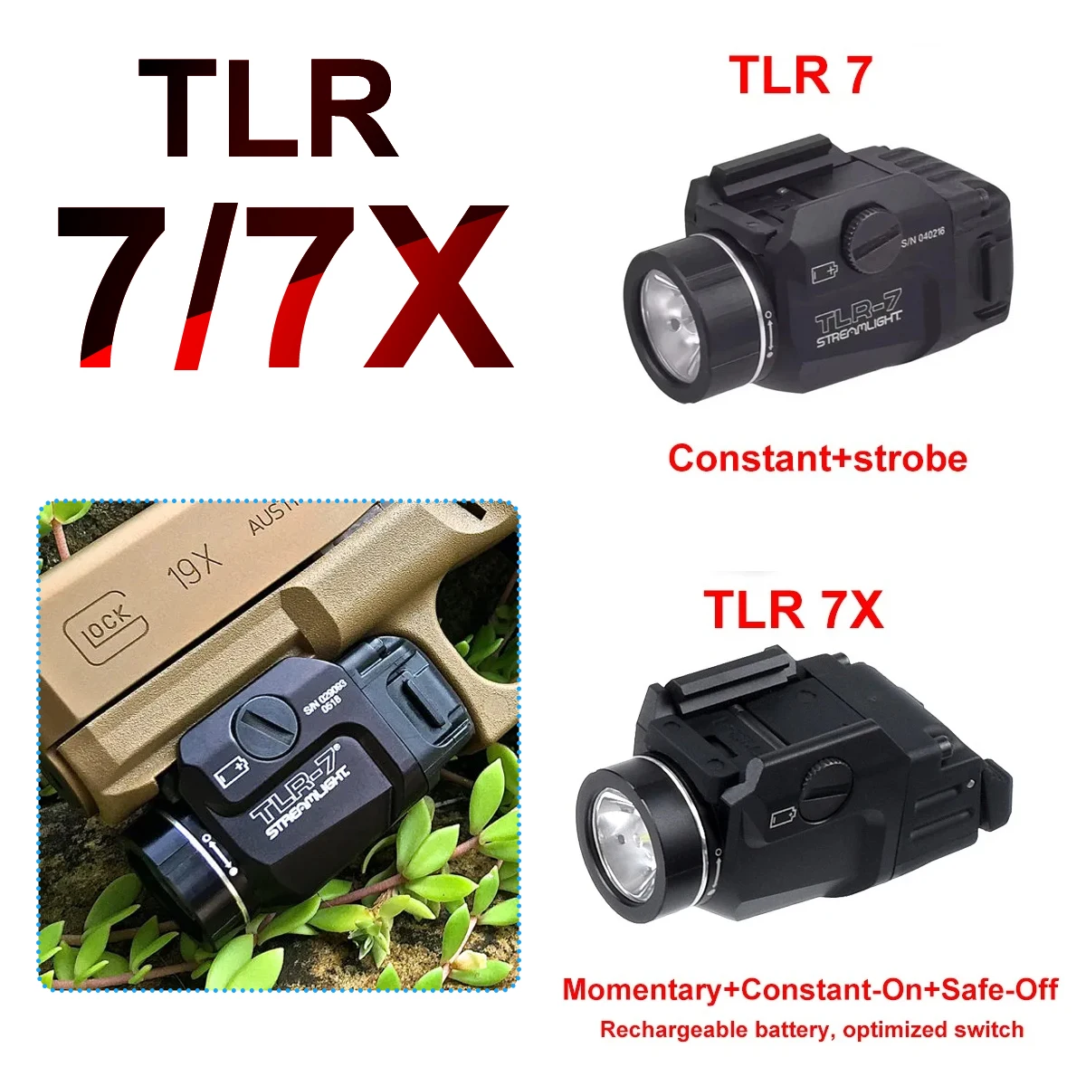 Фото TLR 7 TLR 7X Пистолетный скаутский фонарь Светодиодный стробоскопический фонарик для страйкбола G lock 17 Taurus Fit Рельс 20 мм 500 люмен Перезаряжаемый аккумулятор №1