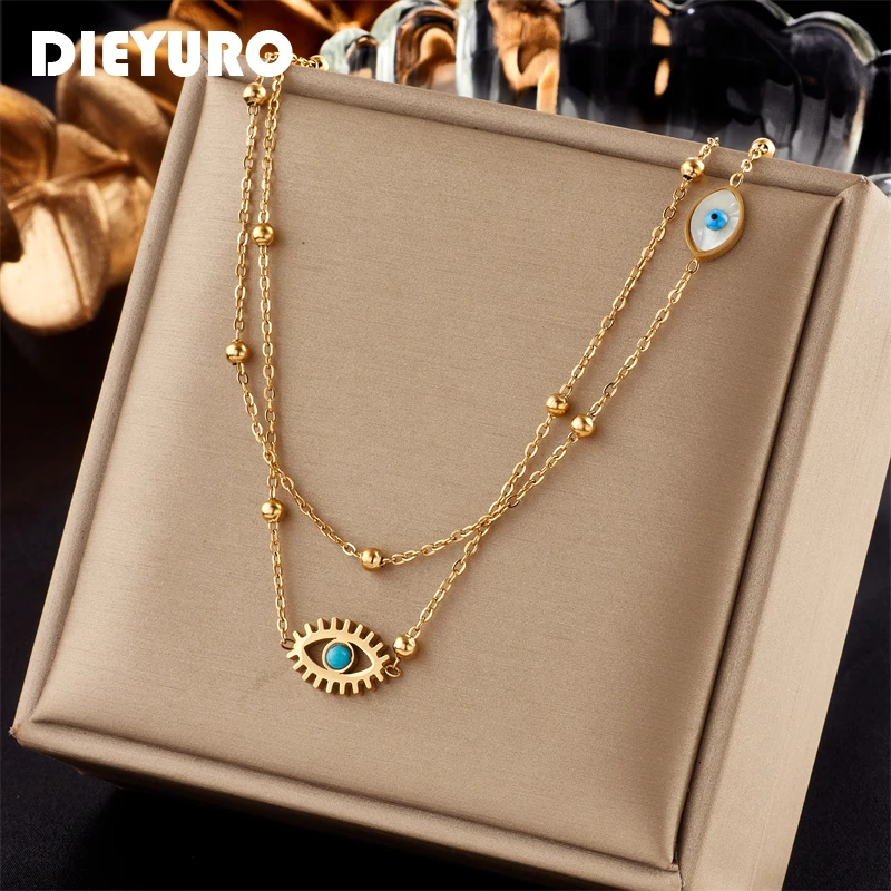 

DIEYURO 316L Stainless Steel Multilayer 2in1 Eye Pendant Necklace For Women New Girls Clavicle Chains Jewelry Birthday Gifts