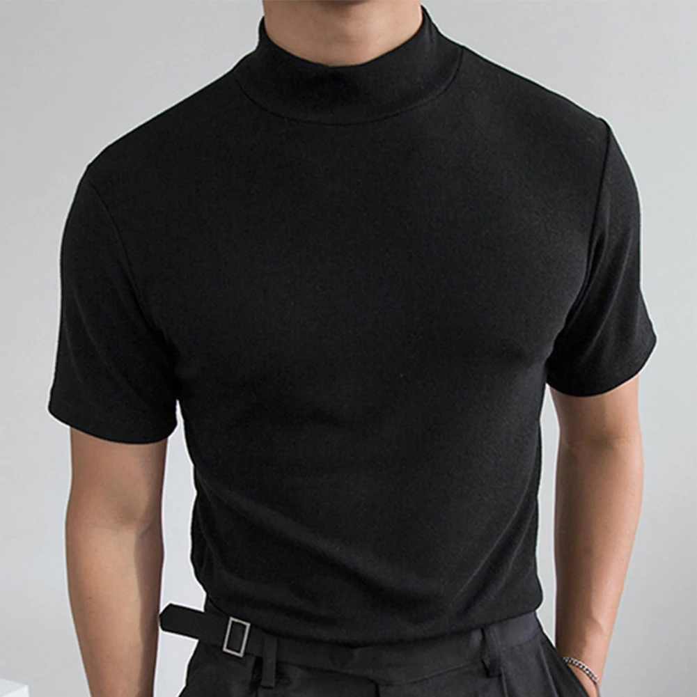 

Men's Summer T-shirts Fashion Sexy Slim Fit Solid Color T-Shirt Turtleneck Short Sleeve Bottoming Tops Men Clothing