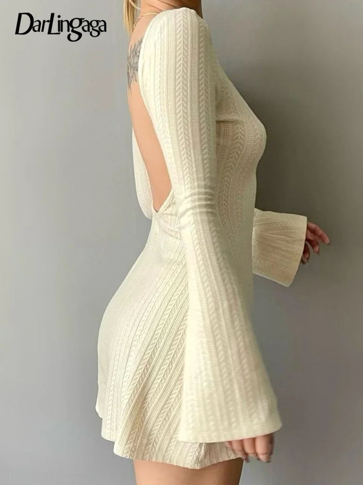 

Darlingaga Backless Chic Solid Long Sleeve Autumn Dress Women Korean Fashion Basic Mini Dresses Slim Elegant Clothes Ladies Robe