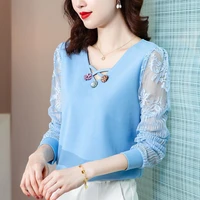ladies blouse chiffon long sleeve t shirt lace shirt top spring new womens mesh bottoming shirt spring and autumn plus size 4xl