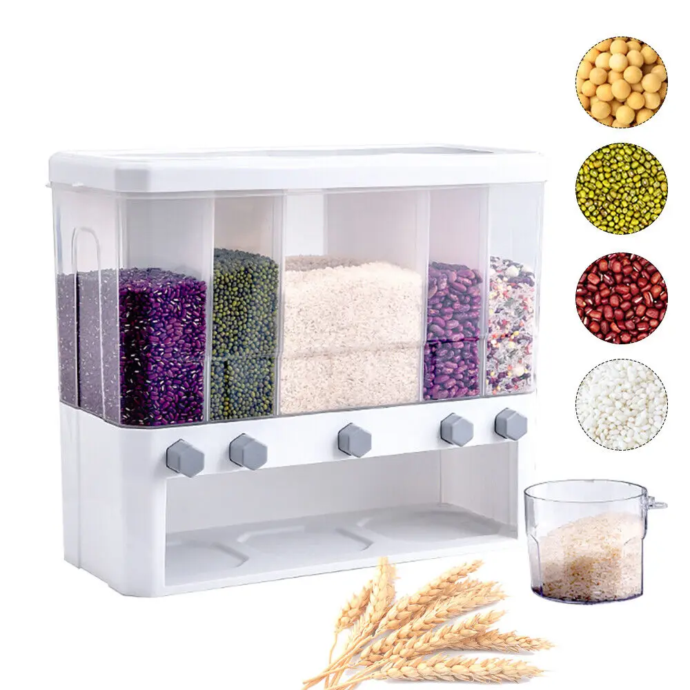 

Dry Food Dispenser, 5 Grid Cereal Dispenser, Rice, Grain, Beans Dispenser 25 Pounds Kitchen Storage with Measuring Cup