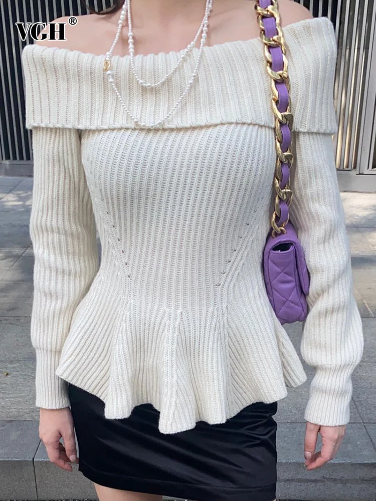 

VGH Knitting Sweaters For Women Skew Collar Long Sleeve Minimalist Folds Pullover Loose Sweater Female Autumn Clothing 2022