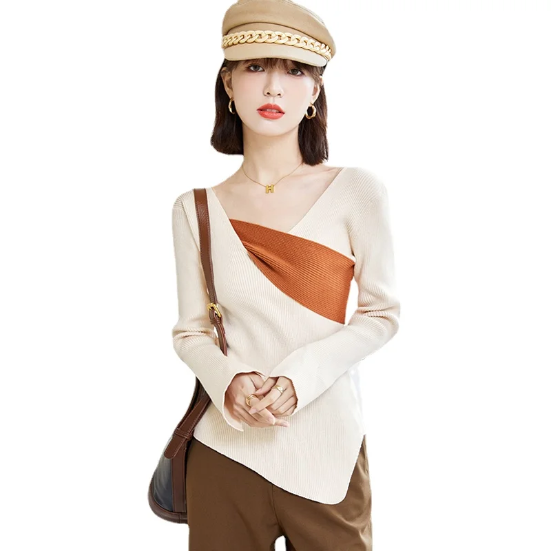

Irregular collar women beige sweaters women cross V-neck knitted sweater women's sweater mujer