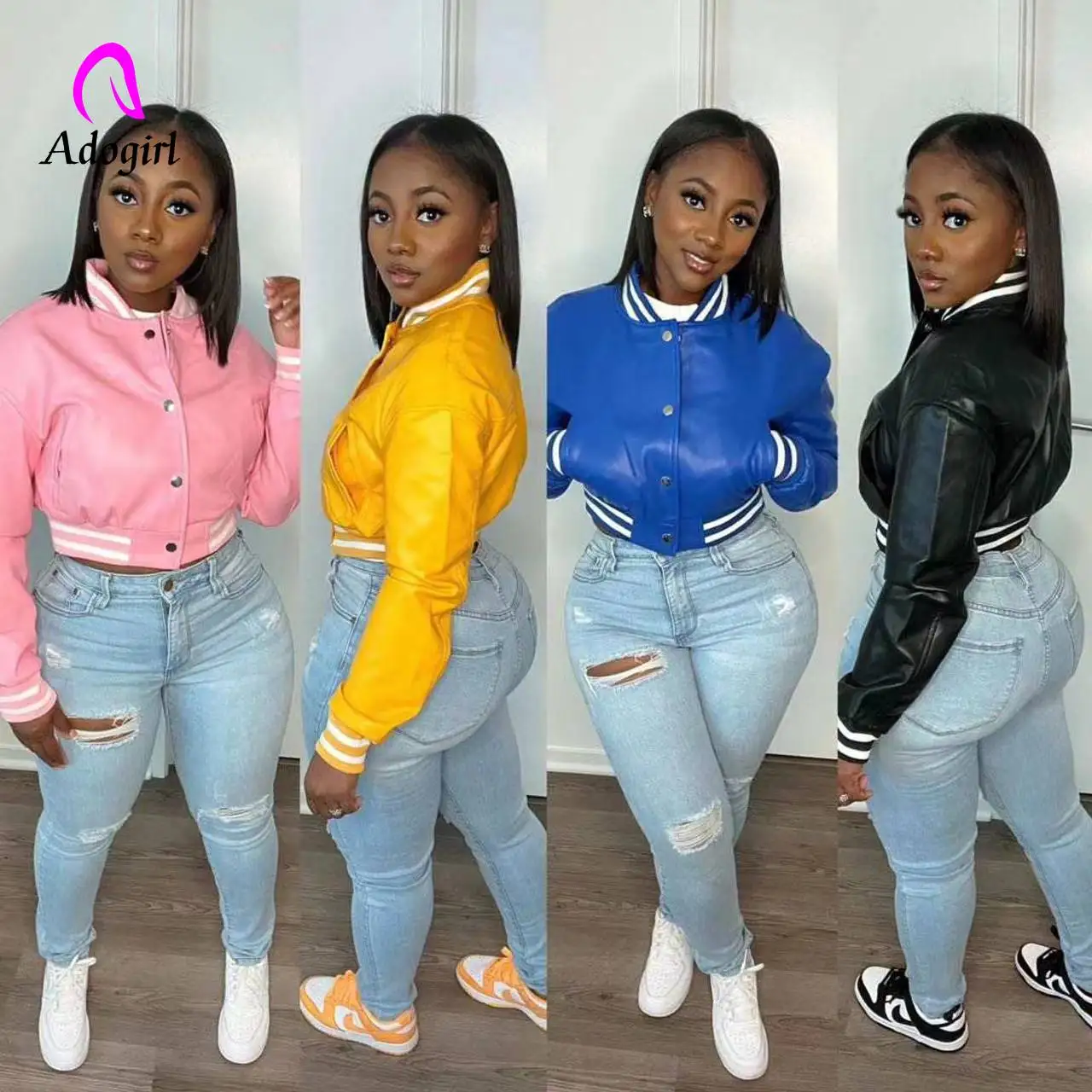 PU Leather Women Fly Jacket Solid Button Up Crop Coat with Ribbed Patchwork 2022 Fall High Street Activewear Motorcycle Outwear