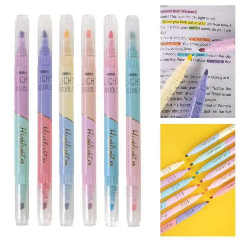 

6Pcs/Set Highlighter Pen Set Double Headed Kawaii Fluorescence Colour School Supplies Marker Stationery