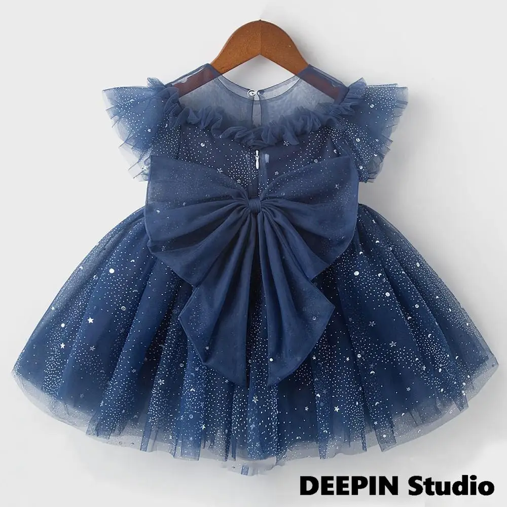 

Girls Sequin Dress 2022 Spring Children's Baby Sequin Mesh Casual Princess Dress Blue Canopy Lovely Big Bow Temperament Dresses