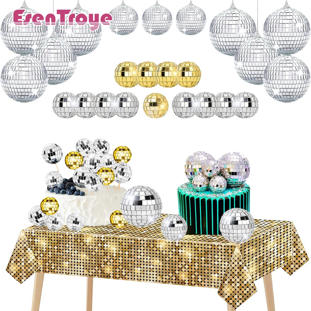 

70s 80s 90s Disco Birthday Party Decorations Sequin Tablecloth Disco Mirror Ball Cake Topper Decoration Wedding Hanging Pendants