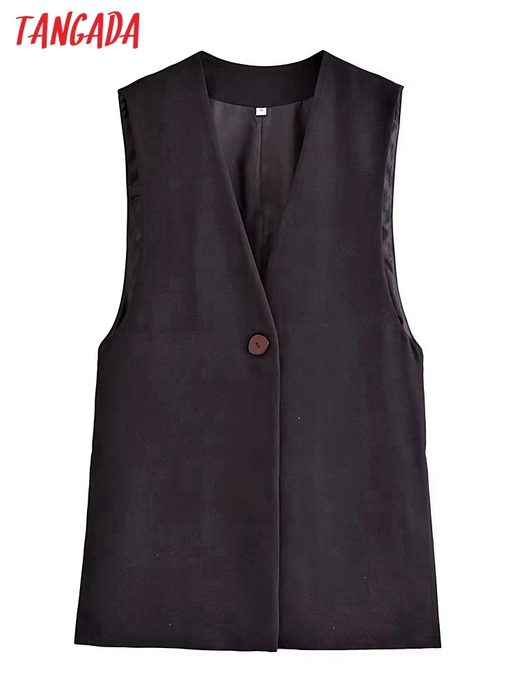 

Tangada 2022 woman black long vest coat office ladies waistcoat sleeveless blazer outwear 5D207