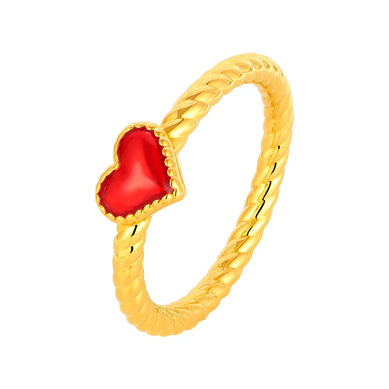 

New 999 24K Yellow Gold Ring 3D Gold Red Heart Ring Lady's Ring 1pcs