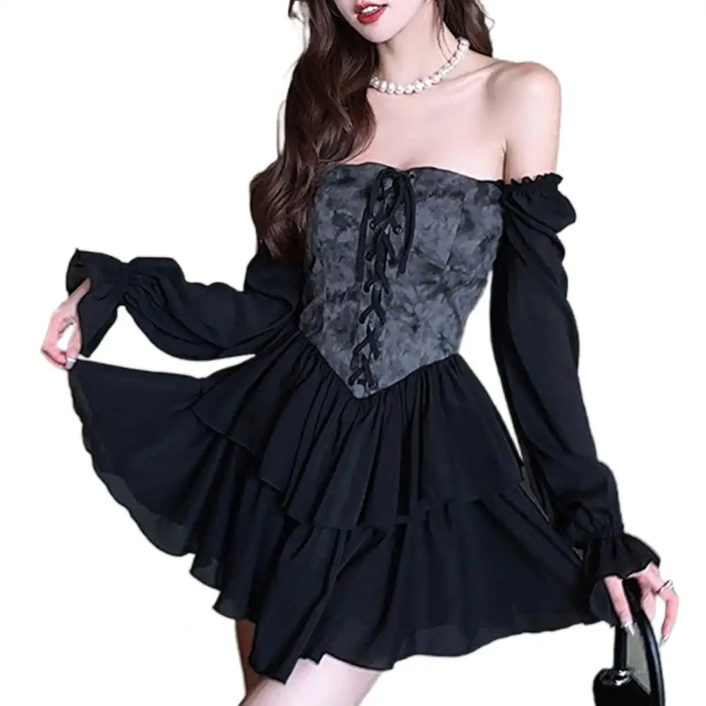 

Long Sleeves Mini Dress Women Waist Tight Off Shoulder Square Collar Layered Hem Sexy Above Knee Women Dress Party Wear