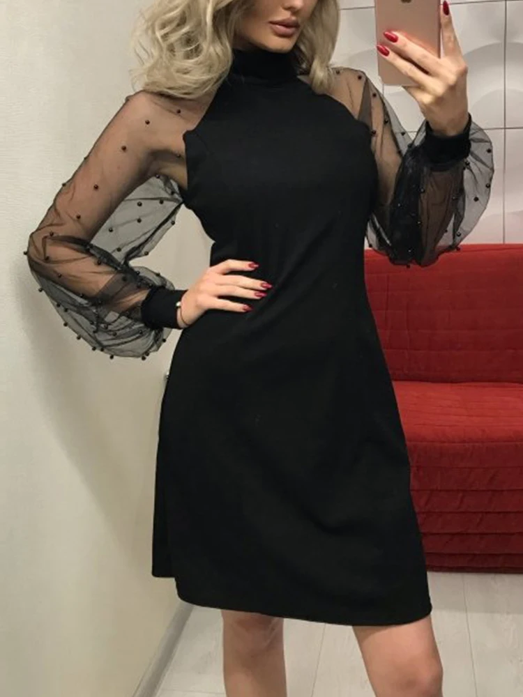 

Модное весеннее женское платье 2022, сексуальное Сетчатое мини-платье с жемчужинами и прозрачными рукавами, Женская водолазка