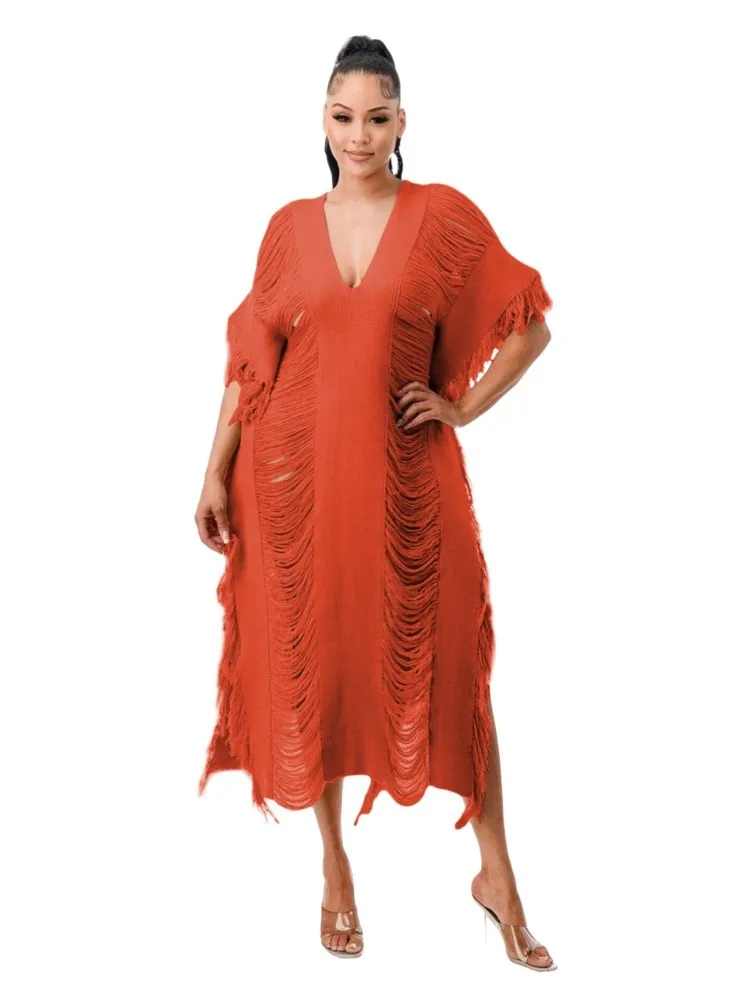 

Трикотажное Африканское платье для женщин с кисточками и дырками, ажурные халаты, африканская одежда, модная новинка, однотонное Элегантно...