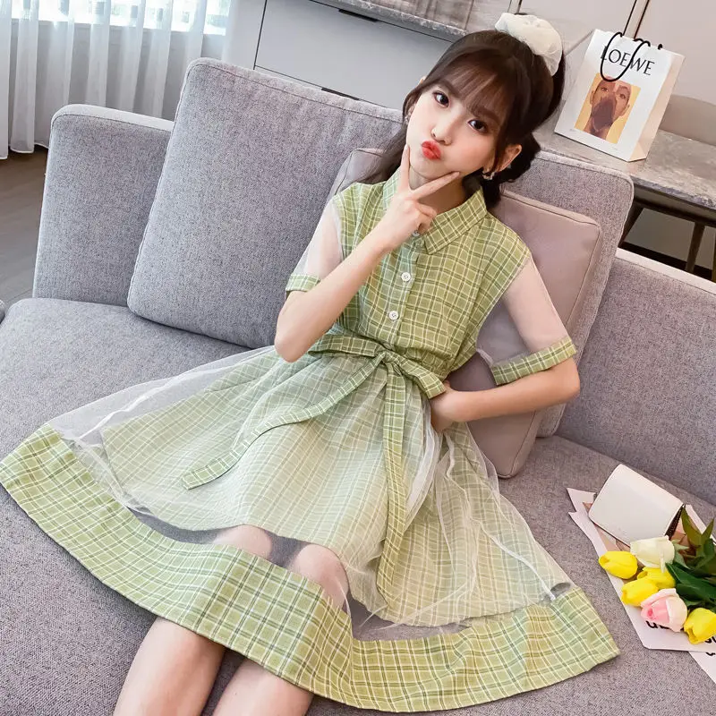 

Летние платья для девочек, клетчатое платье принцессы, прозрачная детская одежда с короткими рукавами и вырезами, детская одежда