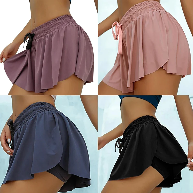 

Женские шорты для бега, 2 в 1, с оборками в ягодицах, быстросохнущая фальшивая юбка, сексуальные короткие штаны для тренажерного зала, тренировок, йоги, фитнеса, спортивные шорты