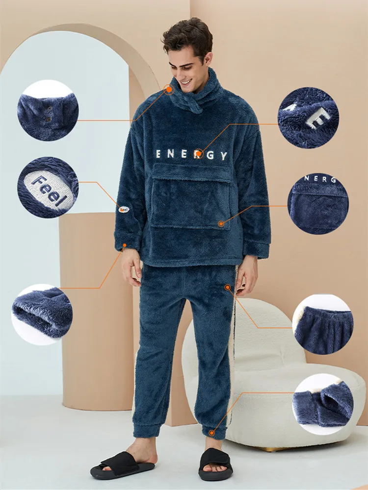 New Flannel Pajamas For Couples Fashion Turtleneck Big Pocket Home Clothes For Men Women Loose Soft Sleepwear 2 Piece Set