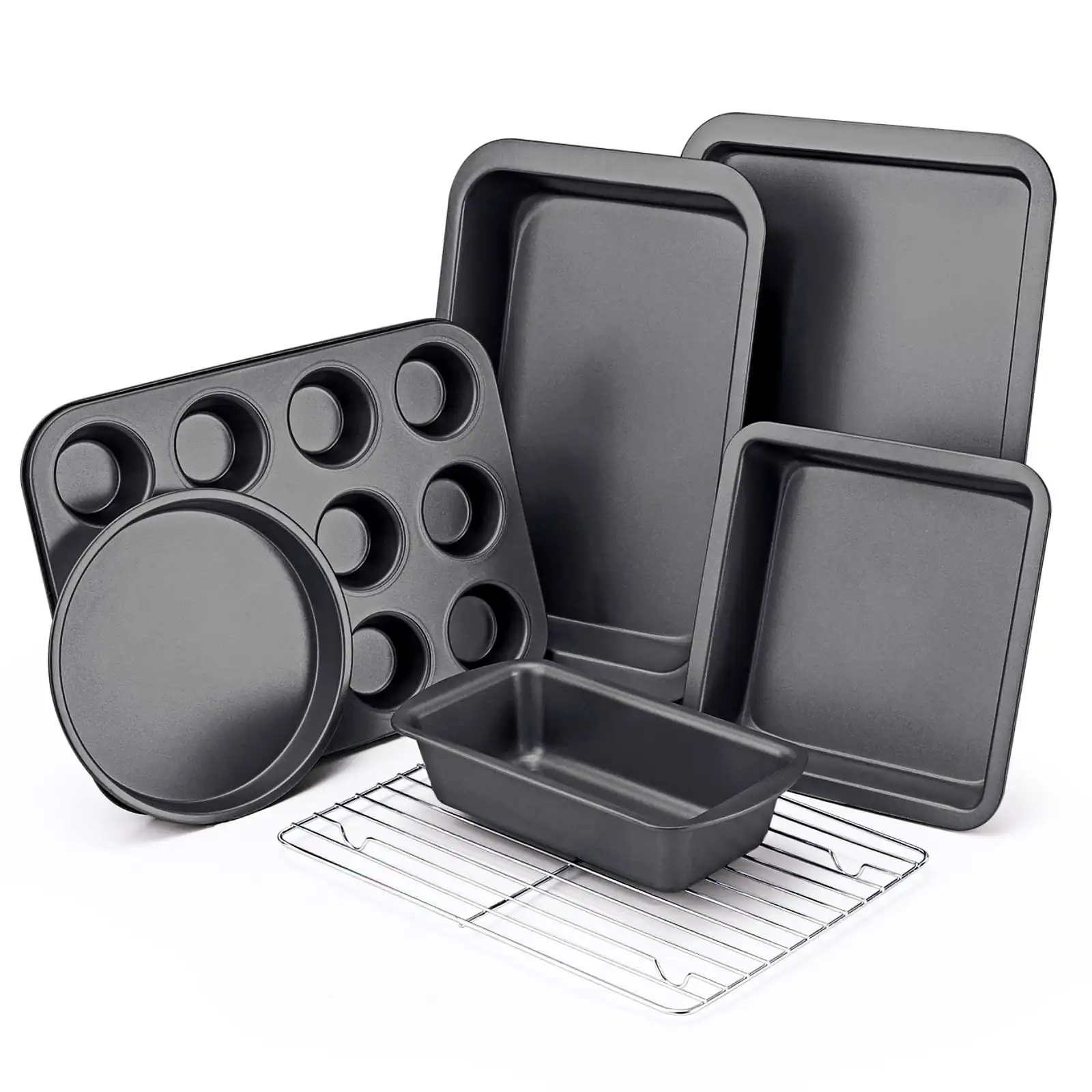 

Baking Pans Sets, Nonstick Bakeware Set 7-Piece with Round/Square Cake Pan, Loaf Pan, Muffin Pan, Cookie Sheet, Roast Pan, Cooli