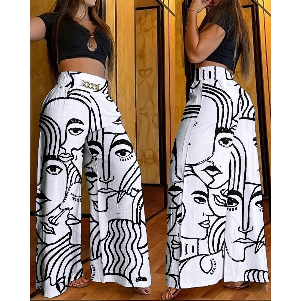 

Women Fashion Steetwear Abstract Face Print High Waist Wide Leg Pants Casual Femme Oversized Holiday Long Trouses Hip Hop Bottom