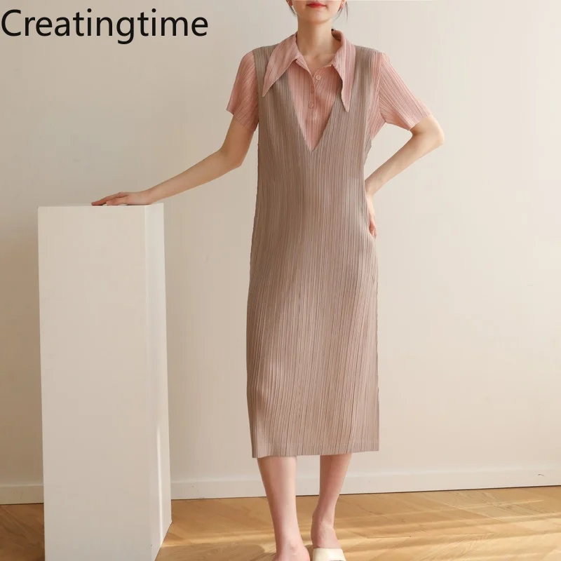 

Женское Плиссированное облегающее платье Creatingtime, однотонное Повседневное платье средней длины без рукавов с V-образным вырезом, модель GA949 ...