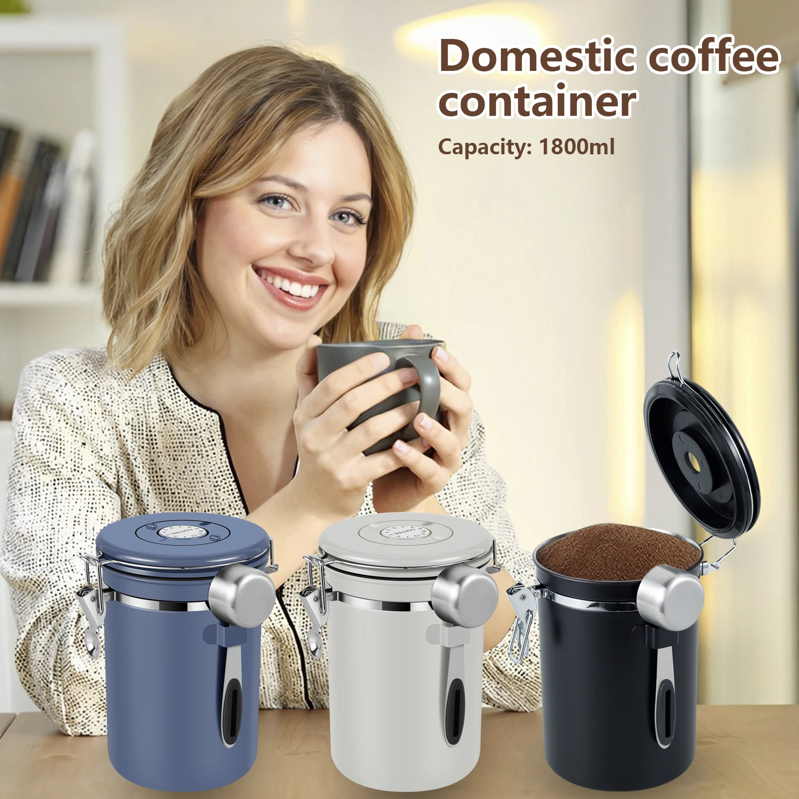 

New Coffee Canister with Spoon 1800ml Stainless Steel Coffee Storage Container Reusable BPA Free Coffee Beans Storage Tin with