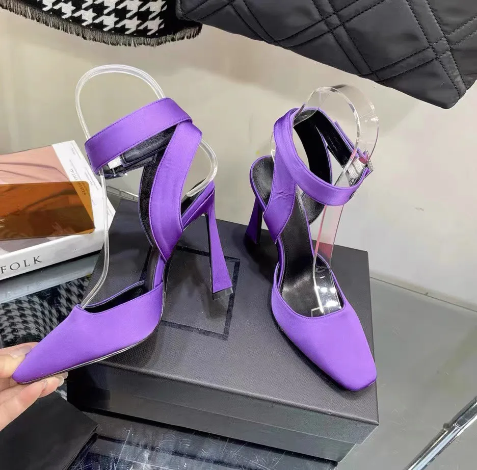 

2023 Unique Leather High Heel Solid Ankle Square Toe Buckle Strap Women Sandals