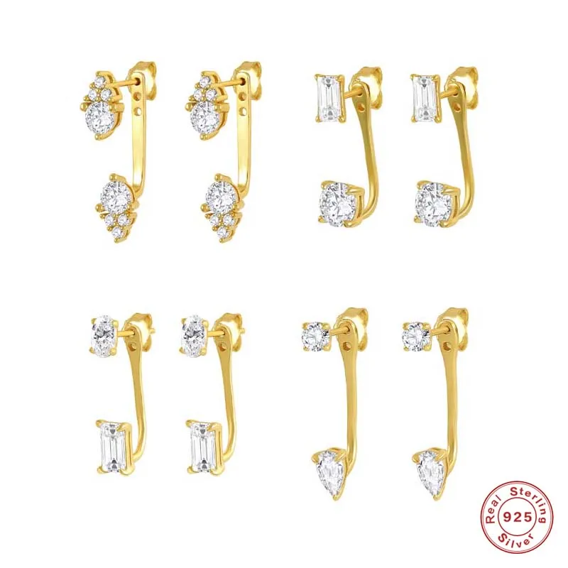 

Aide 925 Sterling Silver Sparkling Zircons Front Back Earrings Women Minimalist Ear Jacket Geometric Crystal Double Wear Studs