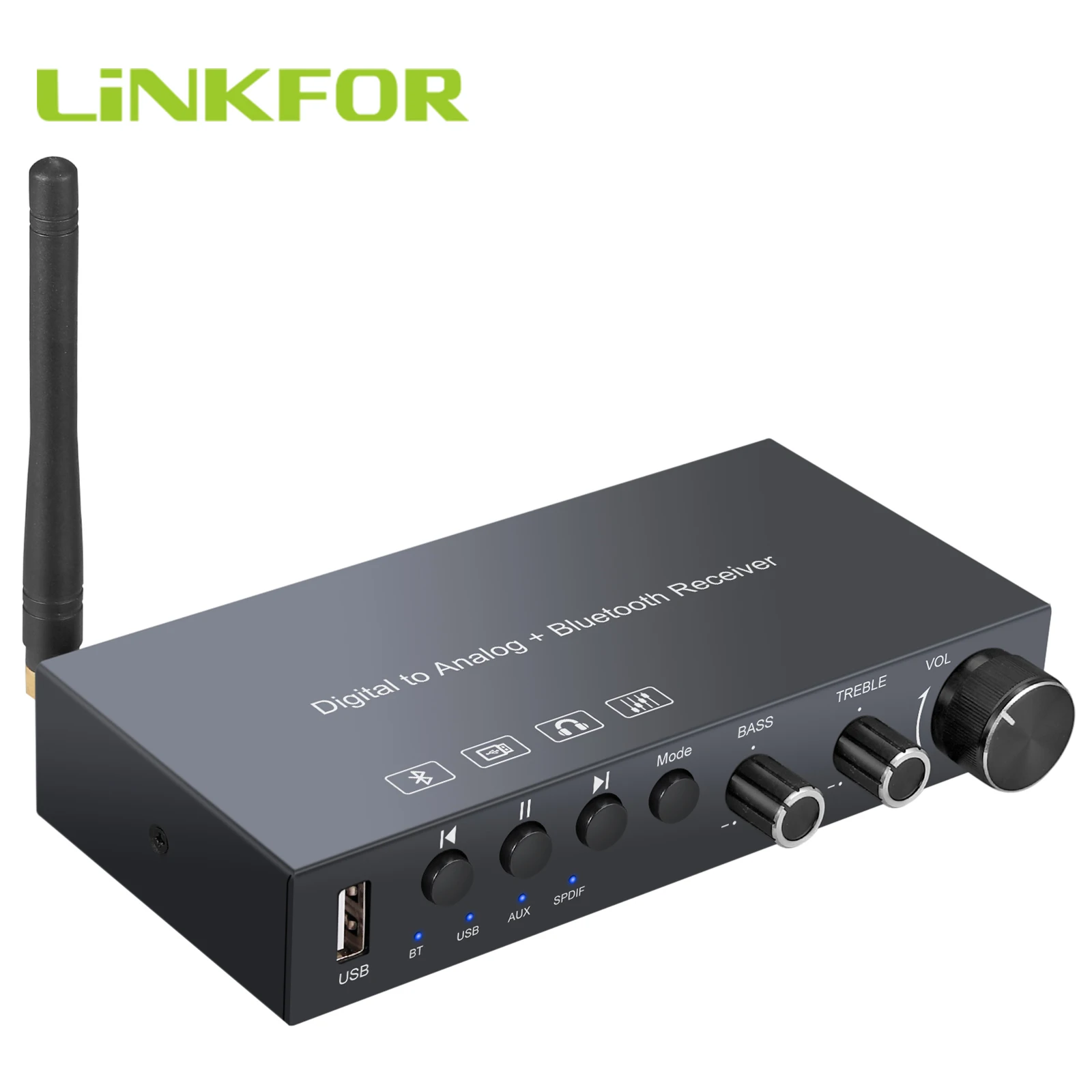 LiNKFOR 192KHz DAC Bluetooth Receiver 4-in-1 Digital Aux USB to Analogue Converter 3.5 mm RCA Audio Adapter Volume Bass Control