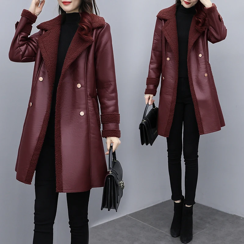 

Winter Coats Women Thickness Faux Leather Fur Sheepskin Female Fur Slim Leather Jacket Faux Fox Fur Collar Outwear