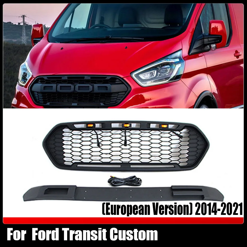

Fit For Ford Transit Custom (European Version) 2014-2021 Car ABS Black Or Grey W/LED Light Front Mesh Grill Mask Bumper Grille
