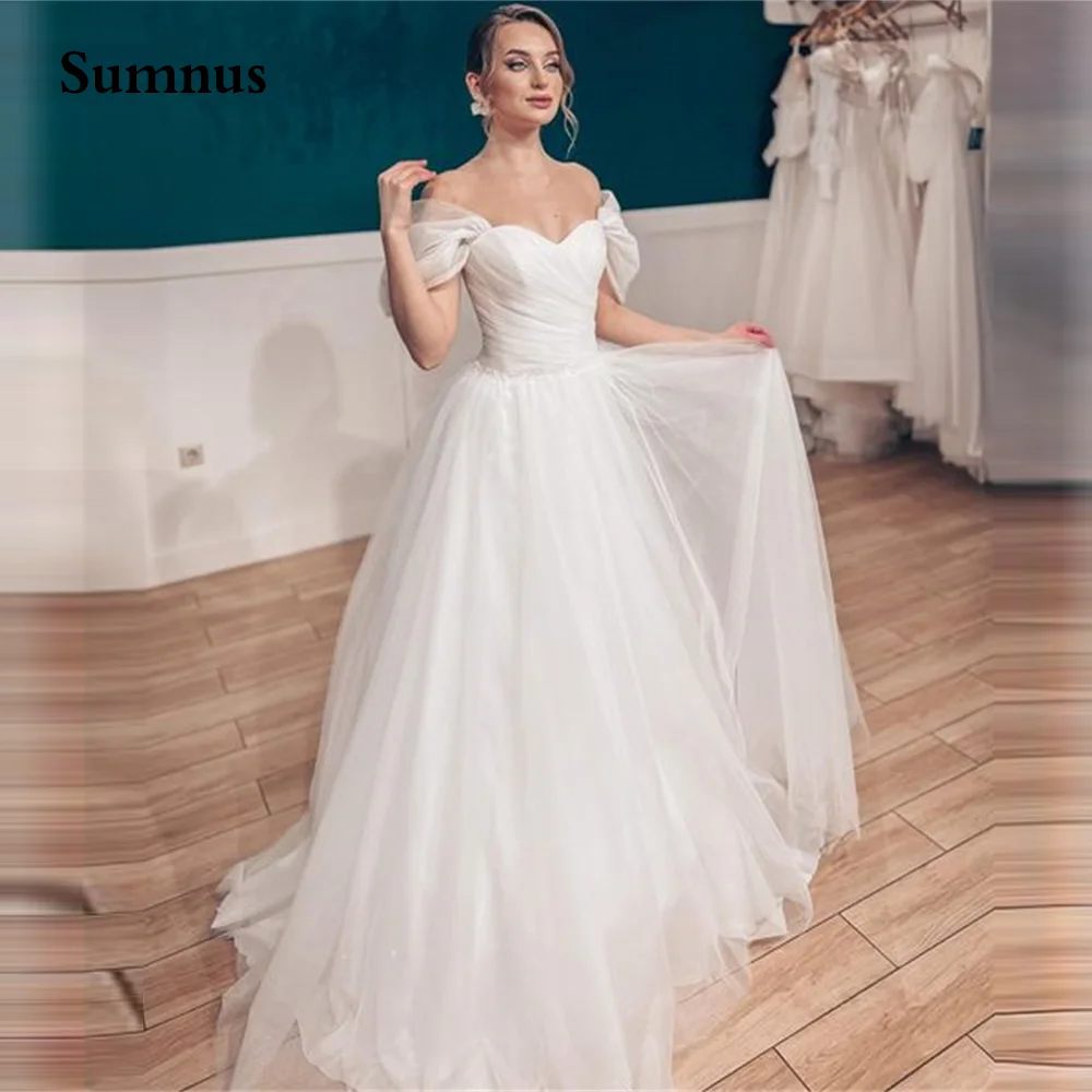 

Sumnus Summer Beach Wedding Dresses Off Shoulder Sweetheart Full Tulle Bridal Gowns Lace-up Back A-Line Long Bride Dresses