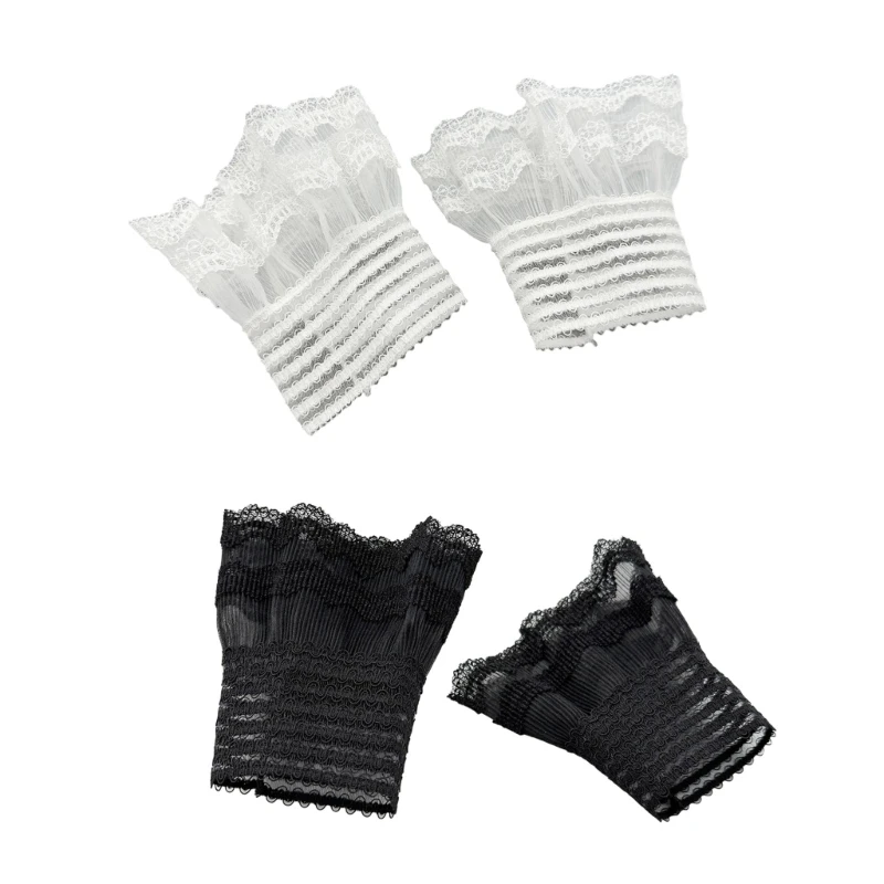 

MXMB 1Pair Womens Gothic Lace Mesh Stretch Horn Cuffs Ruffle Detachable False Sleeve