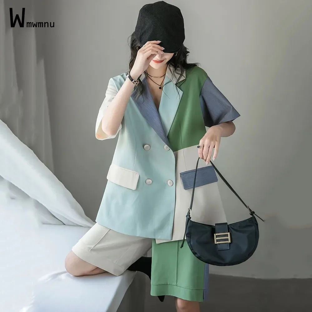 

Women Design Spliced Casual Blazer Suits Ladies Short Sleeve Double Breasted Blazers and Knee Length Pants Outfits 2 Piece Sets