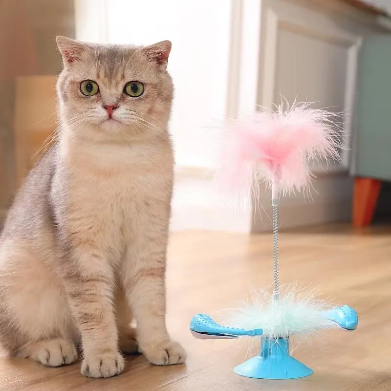 

Pet Cats Teaser Funny Recreational Plastic Bottom Leakage Hole Windmill Dolphin Suction Cup Kitten Teaser Stick Toy for Indoor