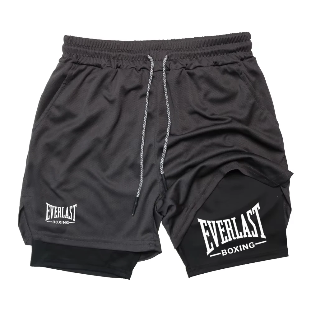 Фото Мужские модные двухслойные спортивные шорты, спортивные шорты с принтом EVERLAST, двухслойные быстросохнущие баскетбольные мышцы для фитнеса №3