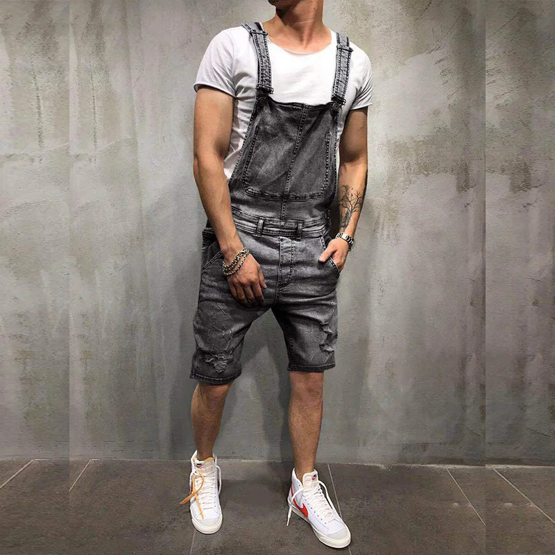 Men's Suspender Denim Jumpsuit Fashionable Holes Jeans Shorts Popular Overalls Knee Length Bibs Cargo Pants