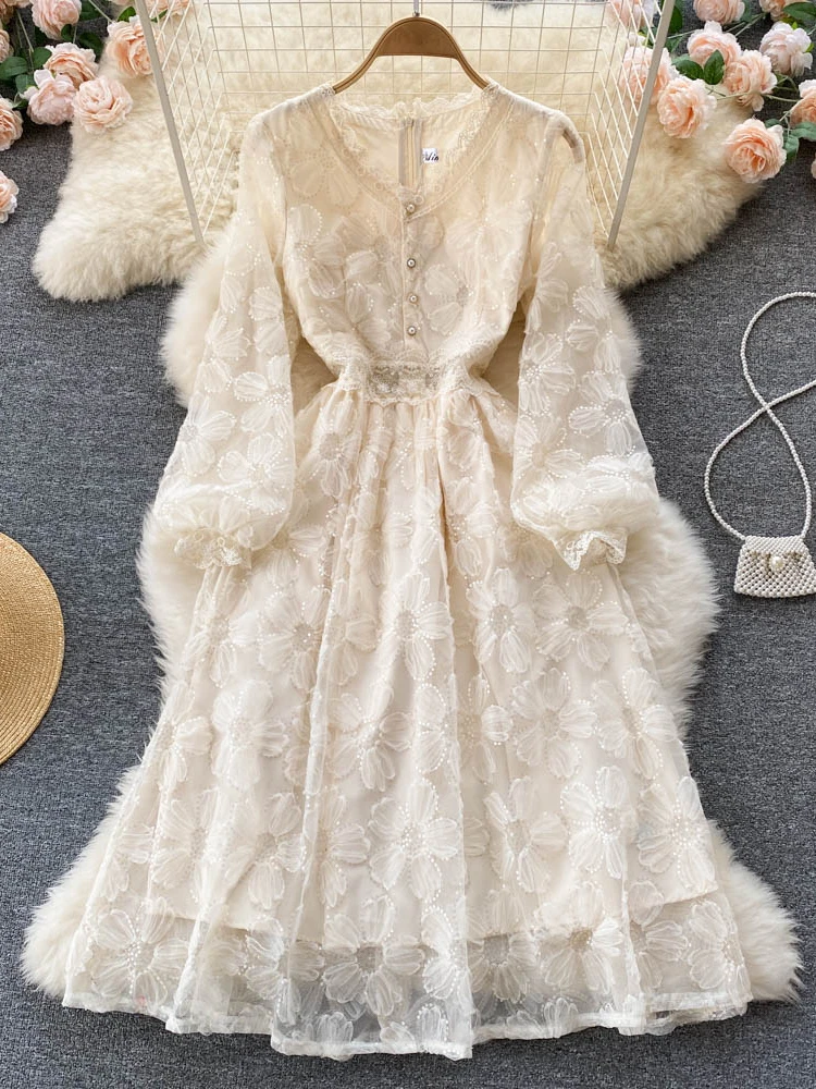 

Women Lace Dress Spring Autumn V Neck Fashion Flower Elegant French Dresses Ladies Puff Sleeve A Line Vintage Long Robe