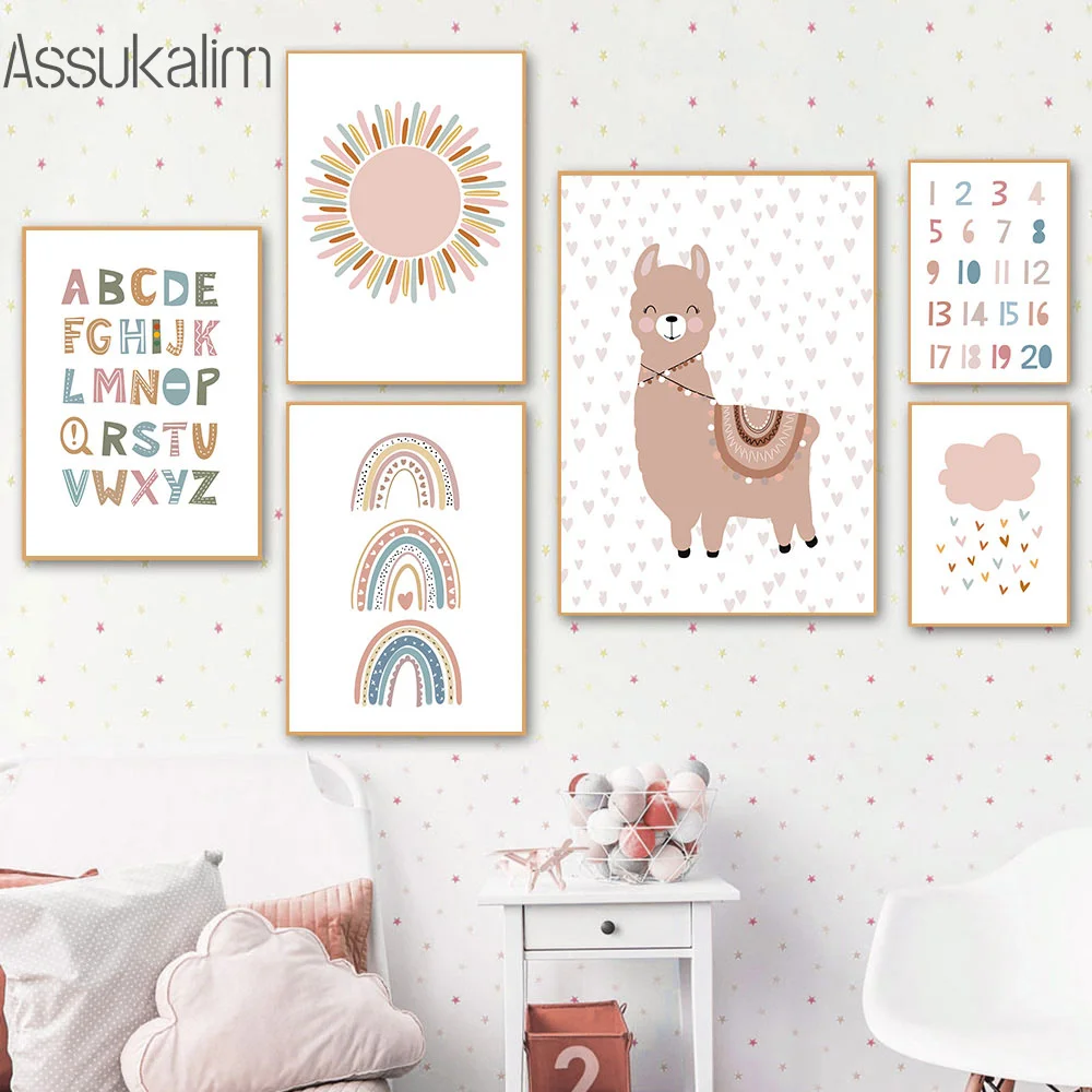 

Alphabet Posters Rainbow Poster Mural Alpaca Canvas Painting Nursery Wall Art Posters Nordic Wall Pictures Baby Room Decoration